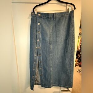 Denim Asymmetrical Button-Down Midi Skirt